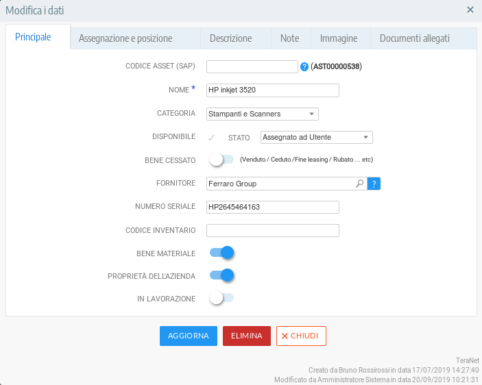 Scheda Asset dell'Asset management