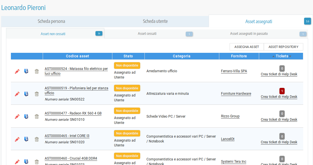 Elenco asset assegnati all'utente nella scheda persona dell'Asset management