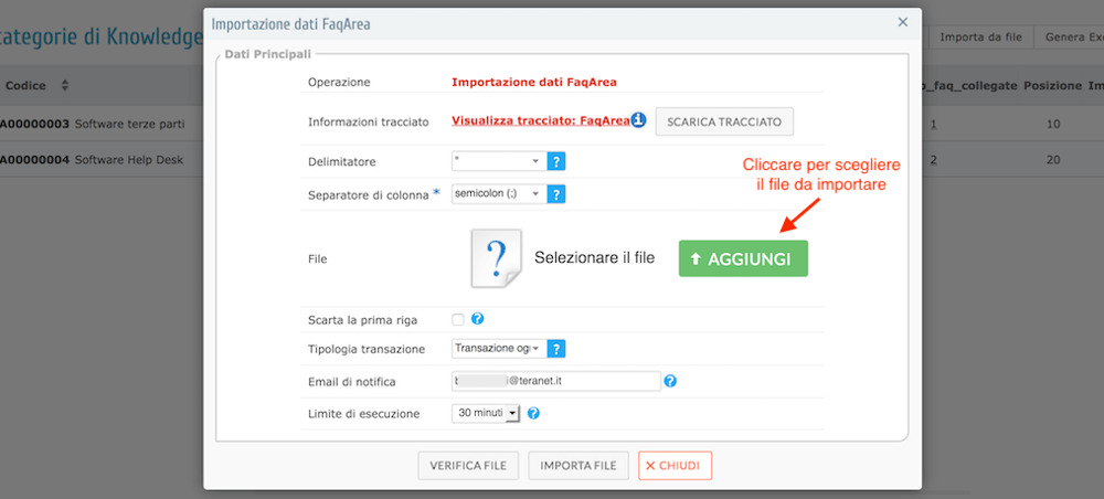 Screenshot del poup relativo all'importazione del file CSV