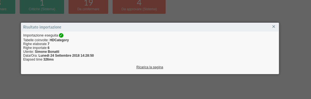 Screenshot del poup relativo al risultato dell'importazione dati