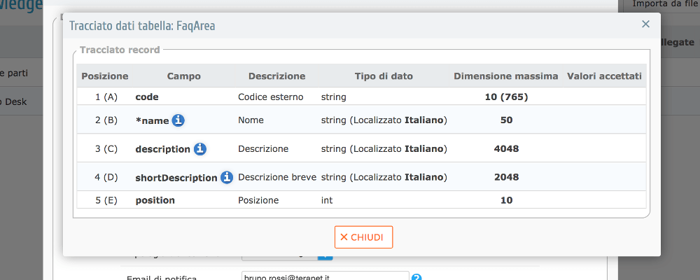 Screenshot del poup relativo al tracciato dati che deve esssere utilizzato per l'importazione dati