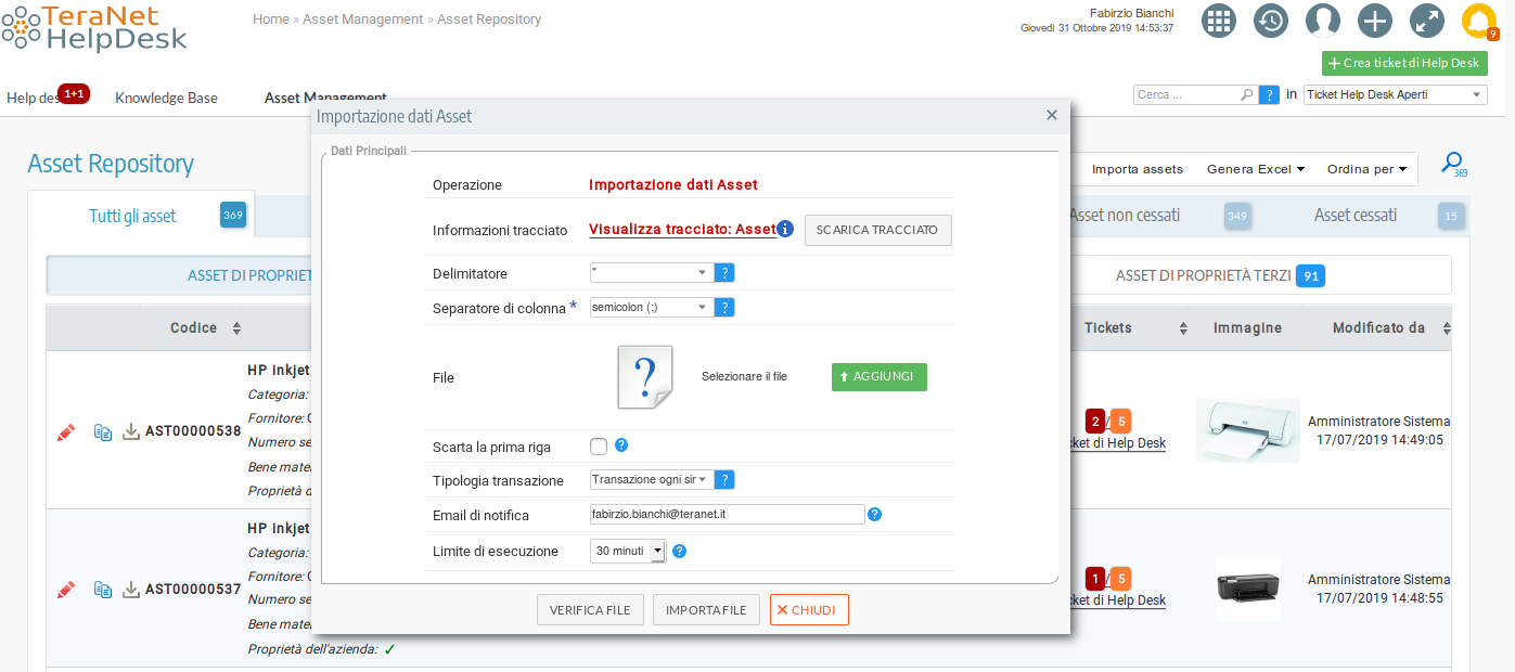 Importa asset (CSV)