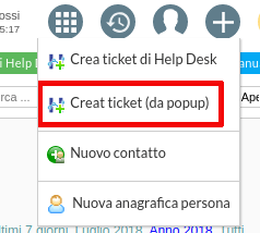 Menu per l'accesso all'inserimento di un nuovo ticket da popup