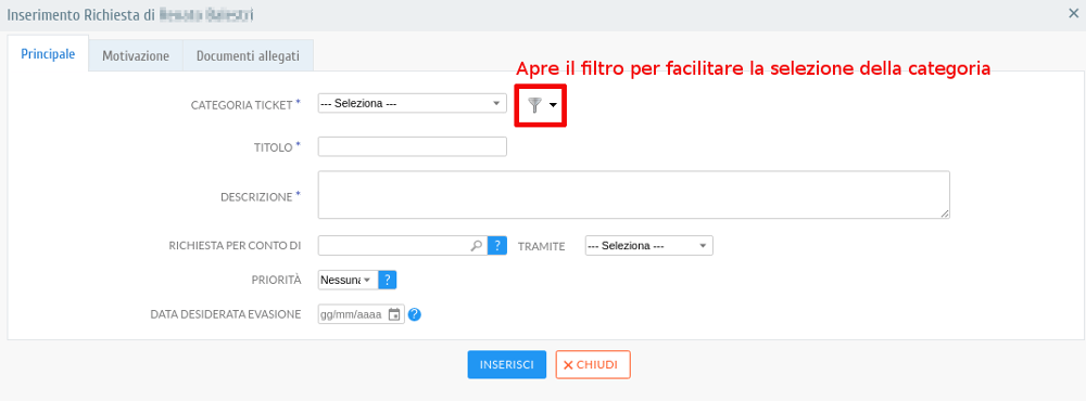 Maschera di creazione di un nuovo ticket in popup