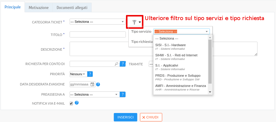 Ulteriore filtro catalogo servizi e tipologia richiesta