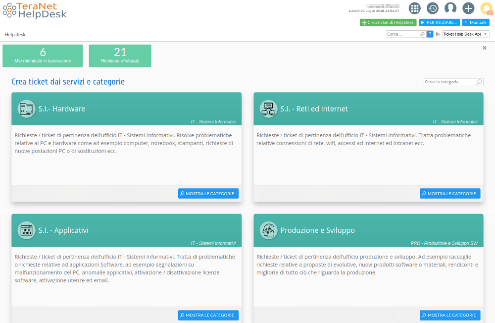 Cataloghi dei servizi disponibili per la creazione del ticket nel software di Helpdesk
