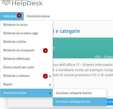 Menu per l'accesso al pannello di amministrazione dei servizi