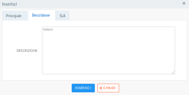 Secondo tab per inserimento della descrizione